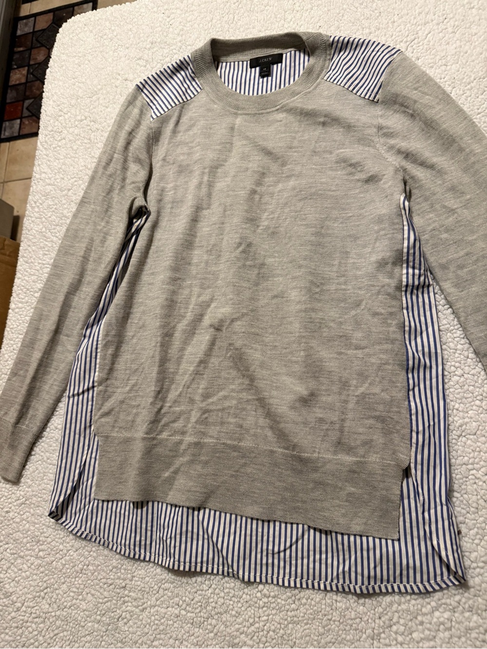 J. Crew Gray Knit Pullover with Blue-White Stripe Paneling